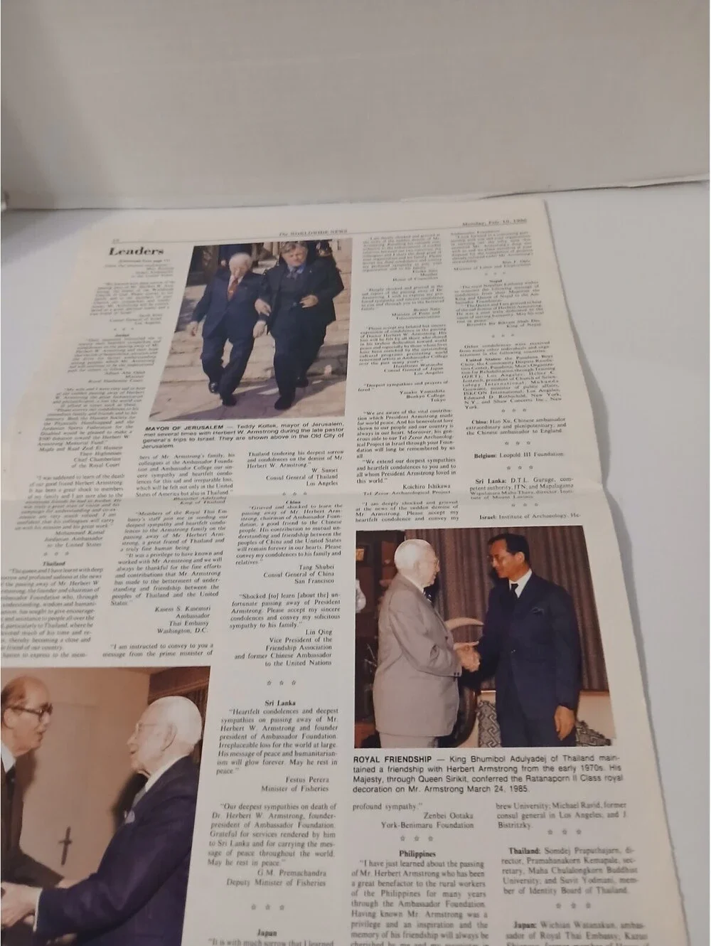 Herbert W. Armstrong Tribute The Worldwide News newspaper 1986